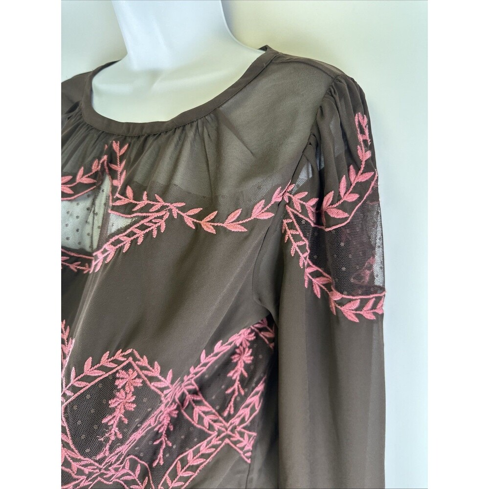 Anthropologie Long Sleeve Applique Blouse Brown Pink Embroidered Ruffle Chiffon - Picture 5 of 12